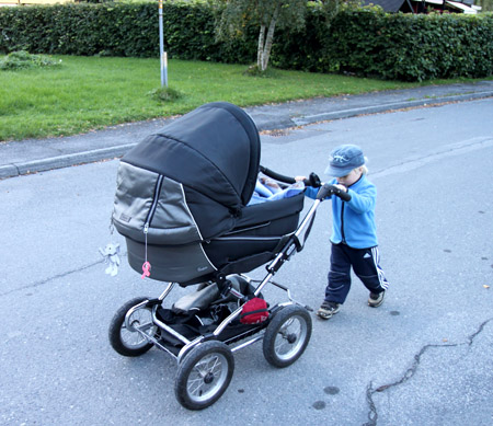 Anton kör Ludvig på premiärturen i barnvagn.